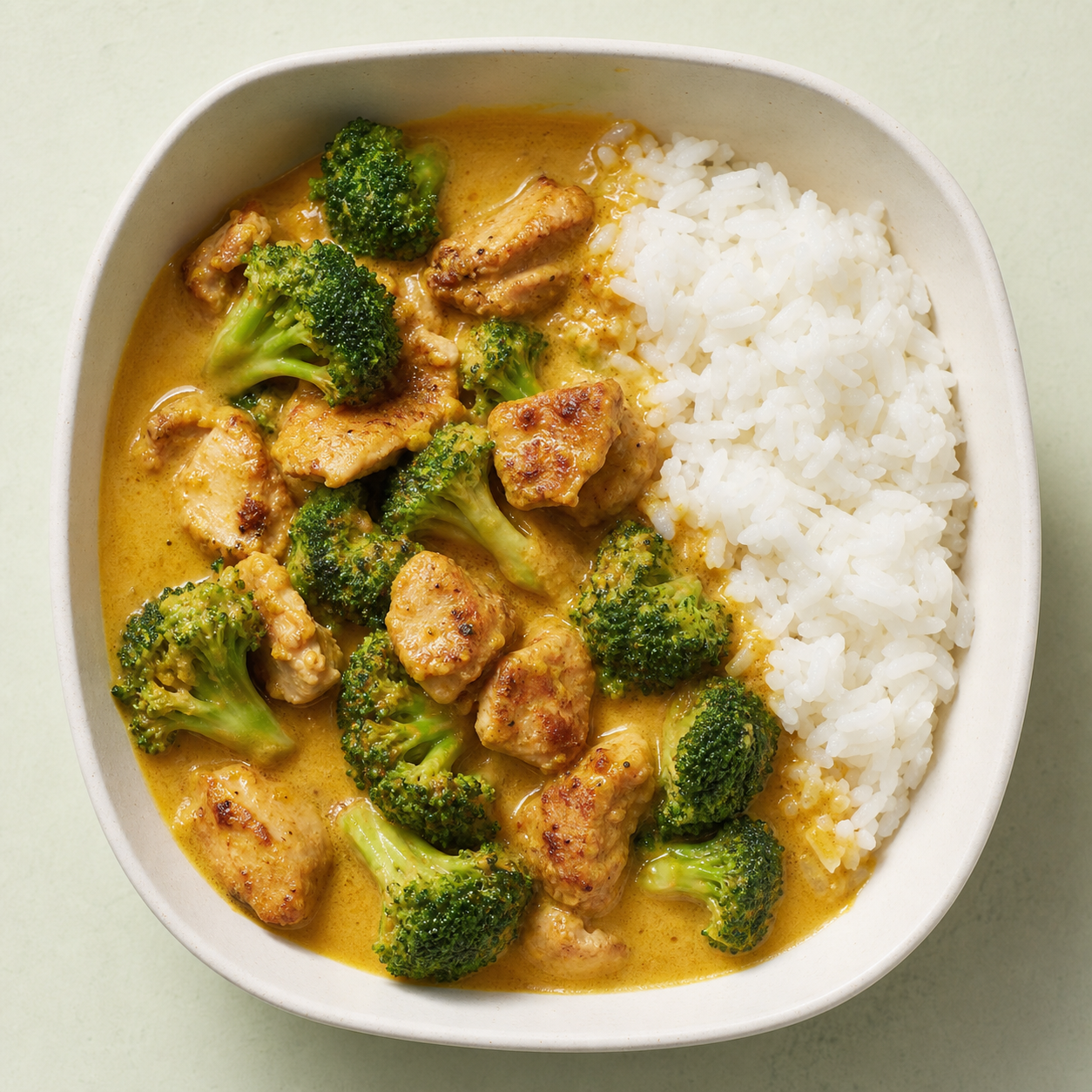 An overhead view of coconut chicken curry with broccoli and white rice in a solo-sized bowl