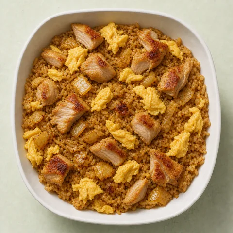 An overhead view of chicken-and-egg fried rice with cooked onion in a solo-sized bowl