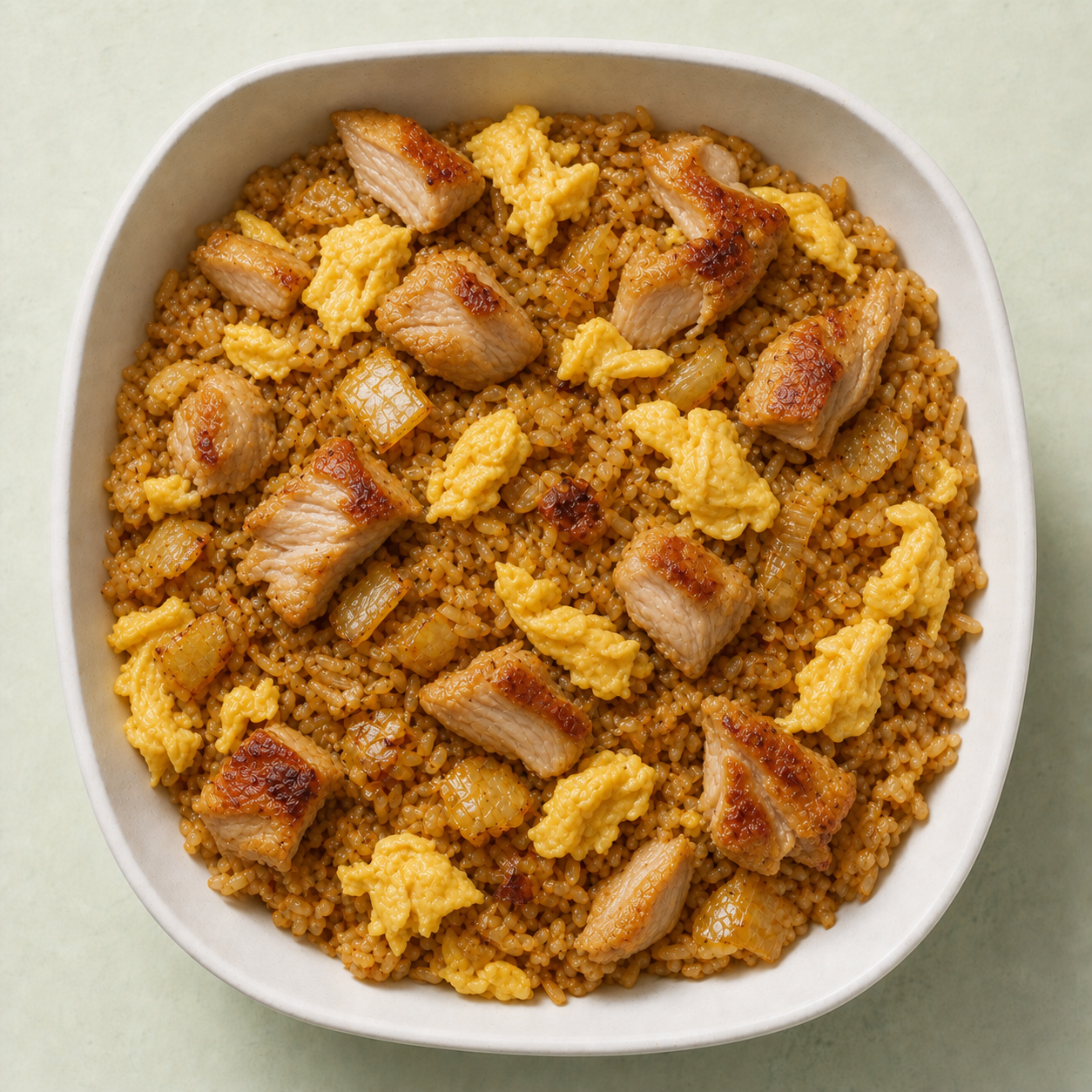 An overhead view of chicken-and-egg fried rice with cooked onion in a solo-sized bowl