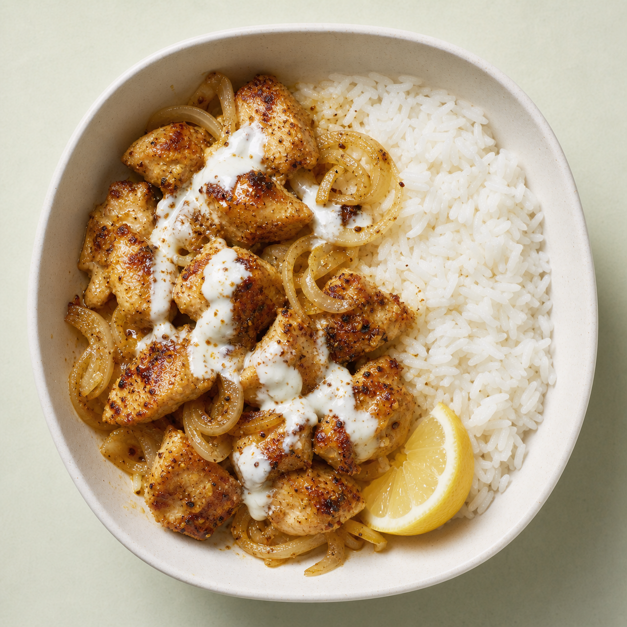 An overhead view of a solo shawarma chicken rice bowl with yogurt sauce and cooked onion